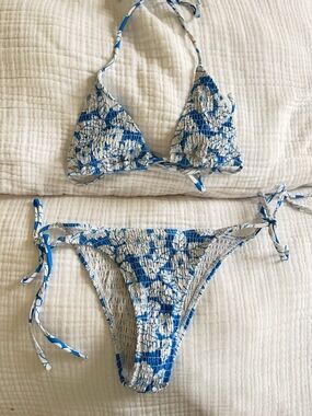 Blue and White Smocked Triangle Bikini Set